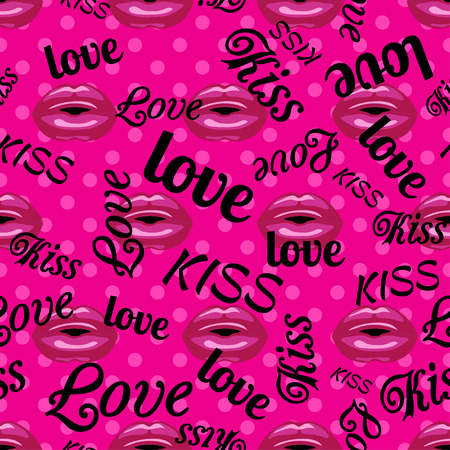 Pattern with pink kissing lips and type of Valentine day. seamless background with pink lips. vector illustration of woman lips. love, kiss, lips seamless pop-art patternのイラスト素材