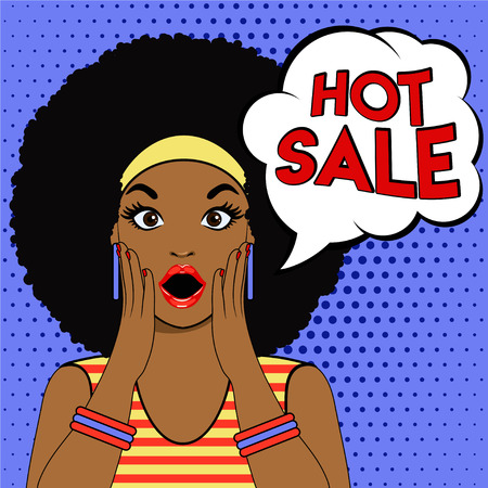 Pop art surprised afro american woman face with open mouth. Pop art illustration surprised girl. Hot sale vector. Woman in Pop Art style with Sale sign. SAle bubble pop art surprised woman face.のイラスト素材
