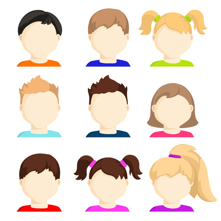Vector set of child face icons. Kids faces. Stock vector illustration. Avatars of boys and girls facesのイラスト素材
