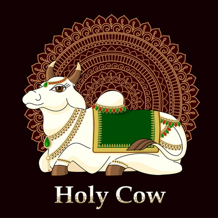 illustration of Indian sacred cows. vector of indian holy cow ON MANDALA BACKGROUNDのイラスト素材