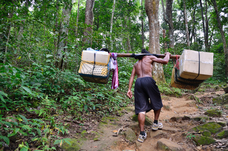 LOEI, THAILAND - OCT 13  Unidentified porters carry climbers  belongings on 13 October 2013 at Phu Kradueng National Park, Loei, Thailandのeditorial素材