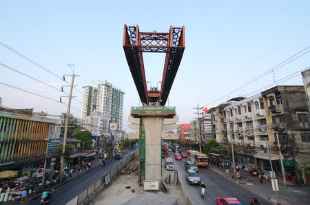 BANGKOK, THAILAND - FEB 19  Unidentified workers under construction at Sky Train Blue line phetkasem 48 station on 19 February 2014 at Phetkasem road soi 48, Bangkae district, Bangkokのeditorial素材