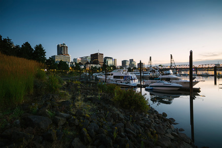 Downtown Portland cityscape during beautiful late sunsetの写真素材