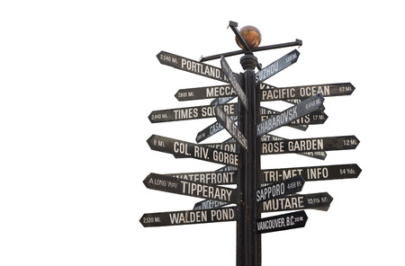 Pioneer Courthouse Square Signpost, Directional Marker to world landmarks isolated on a white backgroundの写真素材