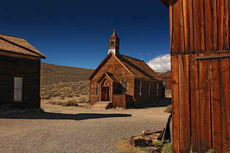 Wooden church in ghost town Bodie with blues skyのeditorial素材