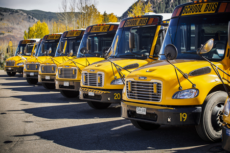 School bus parked and standing in a row on a school parking placeのeditorial素材
