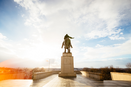 Bronze Statue of Czech warrior Jan Zizka at National memorial on Vitkov hill, Zizkov, Prague. biggest equestrian statue in the world. Czech warriorのeditorial素材