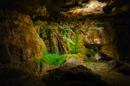 St. Beatus Cave and waterfalls above Thunersee, Sundlauenen, Switzerland. Falls are running down the mountain with a green grass and long exposure of waterfallsの写真素材