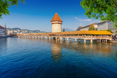 Wooden Chapel Bridge during a late afternoon day in Luzern, Switzerlandの写真素材