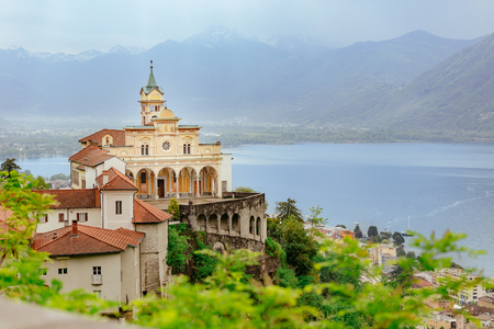 Madonna del Sasso Church directly above the Maggiore lake  and city of Locarno,  in Ticino, Switzerlandの写真素材