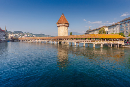 Wooden Chapel Bridge during a late afternoon day in Luzern, Switzerlandの写真素材