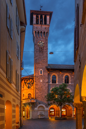 Palazzo Civico in Bellinzona, Switzerland during early night with blue sky and street lights, long exposureのeditorial素材