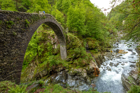 Side View on the Ponte Romano Intragna Bridge hiding in the valley with beautiful river covered with trees, close to Verzasca village. It is the oldest bridge in Switzerland.の写真素材
