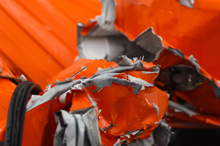 Detail of damaged car chasis after dangerous car crash with torn and wringled metal all over the accidentの写真素材
