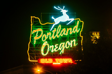 Downtown Portland, Oregon, USA - August 22, 2018: Portland's White Stag Neon Sign displaying the wording it has carried since November 2010のeditorial素材