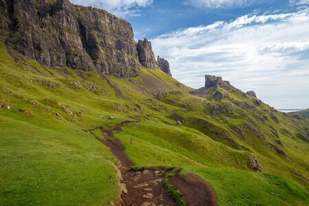The Quiraing â Destination with easy and advanced mountain hikes with beautiful scenic views on the Isle of Skye, Portree, Scotland, UKの写真素材