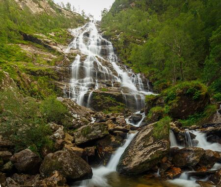 Close view of Steall Waterfall cascades, located in Scotland highlands, Scotland, UKの写真素材