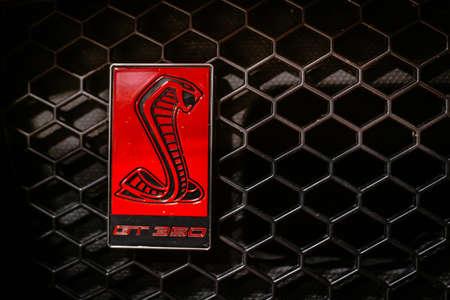 Las Vegas, Nevada, US October 15, 2019 - Red metal Shelby logo on front of a Shelby GT350のeditorial素材