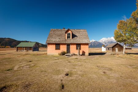 Pink House on the John Moulton ranch in Mormon Row Historic District in Grand Teton National Park, Wyoming - The most photographed barn in Americaの写真素材