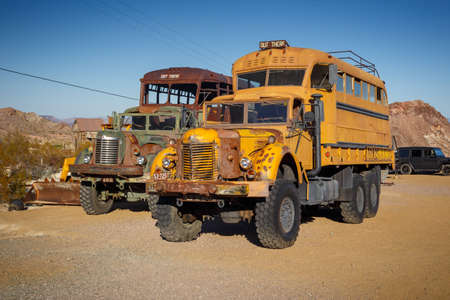 Nelson Ghost Town, Nevada, USA - 4 October, 2019: big bus truck in Nelson Ghost Town, Nelson Cutoff Rd, Searchlight, Nevada, USAのeditorial素材
