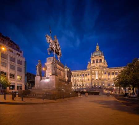 Wenceslas Square with equestrian statue of saint Vaclav in front of National Museum during the night in Prague, Czech Republic (Czechia), Europeのeditorial素材