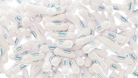 Prague, Czech Republic - January 2, 2022: Roche Oral Treatment Pills Abstract 3D Product Visualization Renderのeditorial素材
