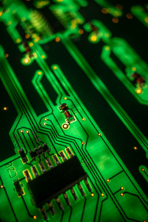 Detail of a transistor array, resistors and capacitors soldered to a green glowing PCB printed circuit board with various connections and contactsの写真素材