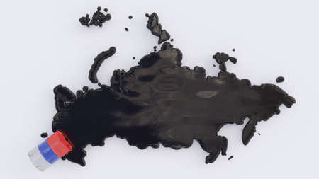 Map of russia formed by crude oil spill from a barrel colored as russian federation flag
