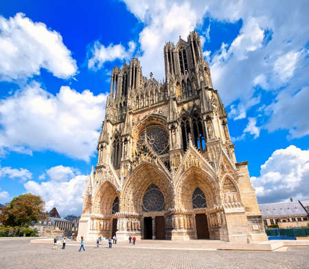Notre Dame de Reims Cathedral, France, is one of the most important gothic cathedrals in Europe and UNESCO world culture heritage siteのeditorial素材