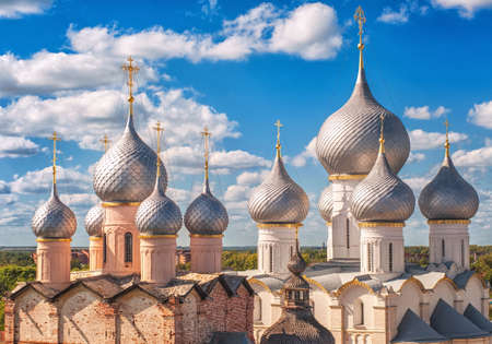 Silver domes of traditional russian orthodox church in Rostov Kremlin, Golden Ring, Russiaの写真素材