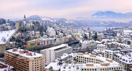 Lucerne, Switzerland, aerial view of the old town, city wall towers, lake Lucerne and Rigi mountain in backgroundの写真素材