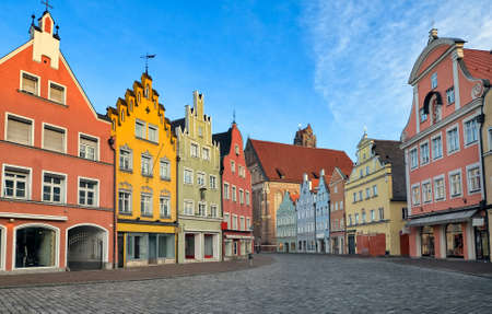 Picturesque medieval gothic houses in old bavarian town Landshut near Munich, Germanyの写真素材