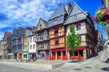 Colorful medieval houses in the historical city center of Lannion, Brittany, Franceの写真素材