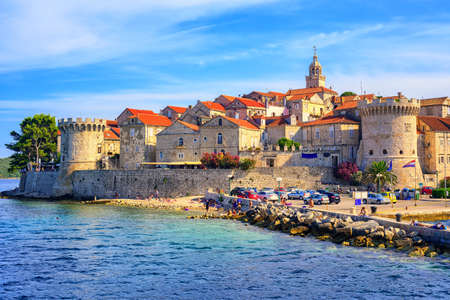 Korcula, a historic fortified town on the island in Adriatic sea, Croatiaの写真素材