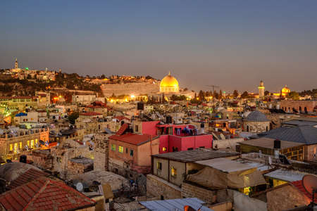 View to the Temple Mount over the roofs of the Old City of Jerusalem, Israel, with Moslem Quarter,...