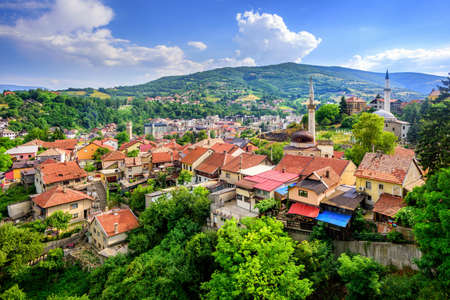 Red tile roofs and old mosques in historical town Travnik, Bosnia and Herzegovinaの写真素材