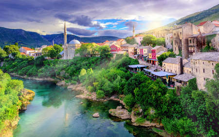 Sunrise over Mostar Old Town and Neretva river, Bosnia and Herzegovinaの写真素材