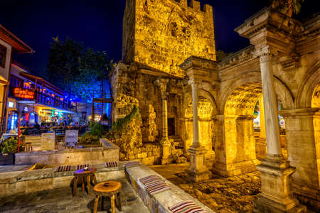 Antalya, Turkey - October 12: The antique roman Hadrian's Gate is a popular tourist attraction with many cafes and restaurants around. Antalya, Turkey, on October 12, 2017のeditorial素材