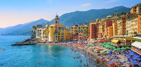 Panoramic view of historical Old Town Camogli and sand beach on mediterranean coast in Camogli, italian Riviera, Italyの写真素材