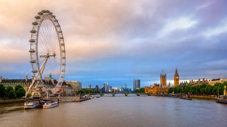 London, England, panoramic view with the Big Ben, House of Parliament, Westminster bridge, London Eye and Thames river on sunriseのeditorial素材