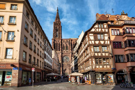 Strasbourg, France - June 23 2019: Strasbourg city center with historical half-timbered houses and beautiful gothic cathedral is a popular tourist destinationのeditorial素材