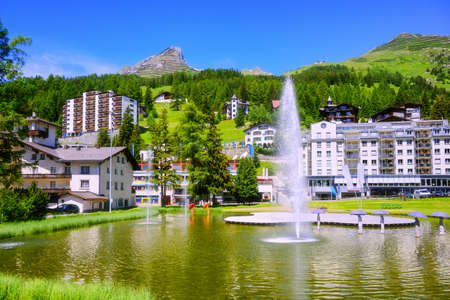 Davos city center, Switzerland, a popular tourist destination in swiss Alps mountainsの写真素材