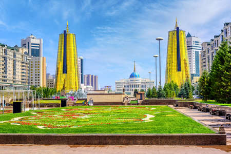 Nur-Sultan Astana modern city center, Kazakhstan, view of Golden towers and President Palaceのeditorial素材