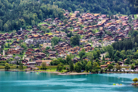 Traditional wooden houses in Brienz town on the alpine Lake Brienz, swiss Alps, Switzerland