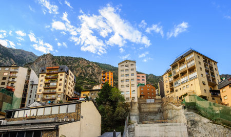 Residential multistorey houses on a rock in Andorra la Vella, Andorraの写真素材