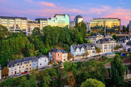 Old and modern architecture cityscape in Luxembourg city, Grand Duchy of Luxembourg, on dramatic sunsetのeditorial素材