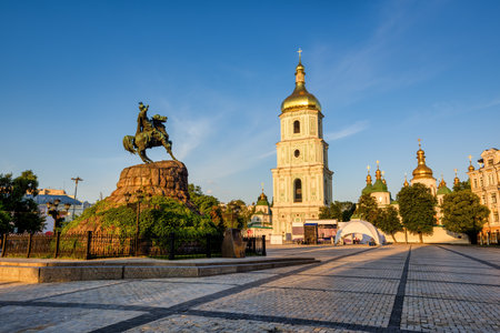 Sophia square in Kyiv city center with Khmelnytsky Monument and the Bell Tower of St Sophia Cathedral, Kiev, Ukraineのeditorial素材
