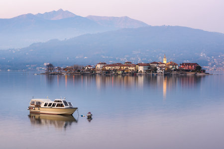 Isola Superiore island in the evening light, Lago Maggiore lake, Stresa, Italyのeditorial素材