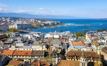 Geneva city on Lake Geneva in swiss Alps mountains, Switzerlandのeditorial素材