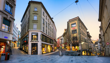 Lausanne, Switzerland - 13 April 2021: The shopping street in Lausanne pedestrian city center, Switzerlandのeditorial素材